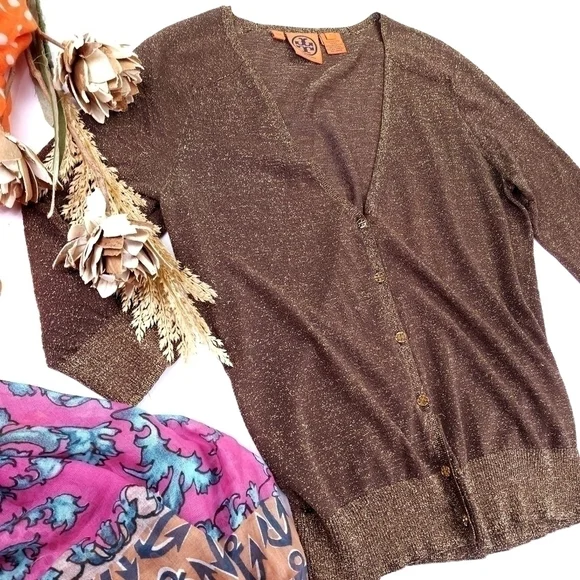 Tory Burch Brown Gold Shimmer Thin Sweater Sz S - Picture 2 of 13